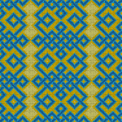 Sticker - Ornamental geometric seamless knitted vector pattern in blue and yellow hues as a fabric texture