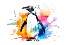 Watercolor Penguin With Colorful Splashes On White Background. Generative AI.