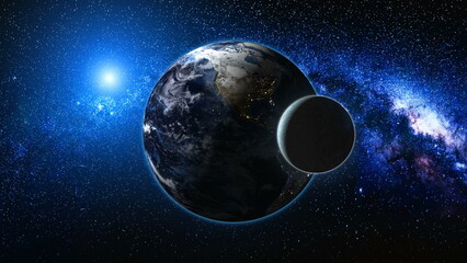 Wall Mural - sunrise view from space on planet earth and moon. world rotating on its axis among stars. high detai