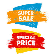 Poster - super sale and special price in text banner, colorful drawn label, business commerce shopping concept