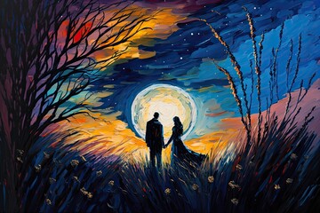 Wall Mural - romantic couple holding hands under the light of a full moon. Generative AI