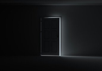 Wall Mural - Open door with bright light streaming into very dark room. 3D Illustration