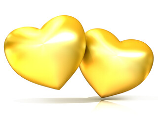 Sticker - Two golden hearts. 3D render illustration isolated on white background