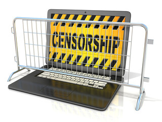 Black laptop with CENSORSHIP sign on screen, and steel barricades. 3D rendering isolated on white background