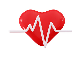 3d red heart with pulse line Heart medical check up Protection icon Heartbeat or cardiogram Healthcare Life insurance Heart emergency help Cartoon minimal style 3D rendering illustration