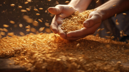 Wall Mural - Hand of a man pouring wheat. Generative AI