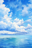 Fototapeta Przestrzenne - Blue sea, light blue sky and white clouds, Watercolor painting. AI generative