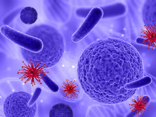 Wall Mural - 3D render of a medical background with various virus cells