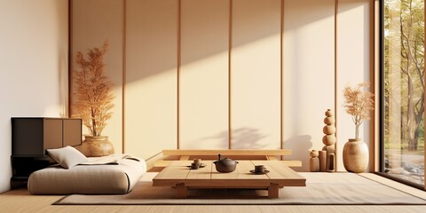 Wall Mural - AI Generated. AI Generative. Japan japandi style design home appartment living room interior indoor architecture minimal. Graphic Art