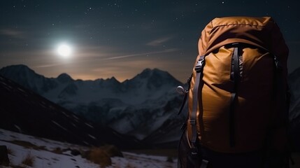 Tourist backpack, mountain peaks at inght background, outdoor activities, active leisure. AI generated.