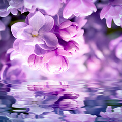 Wall Mural - Lilac flower blossom, water reflection, light. Greeting card template. Soft toned. Nature background