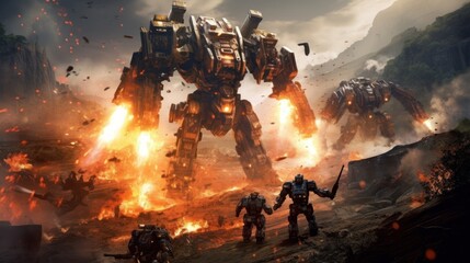 Wall Mural - Epic clash between colossal mechs in a war - torn landscape, with explosions and laser beams lighting up the scene