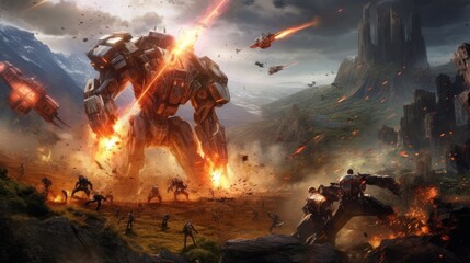 Epic clash between colossal mechs in a war - torn landscape, with explosions and laser beams lighting up the scene