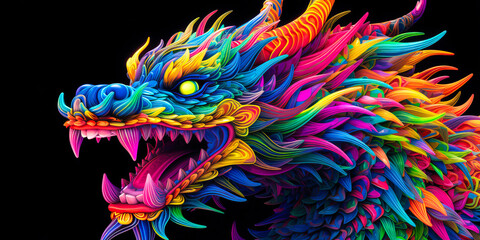 Wall Mural - Colorful dragon, neon vibrant colors, blacklight, black background, fantasy.