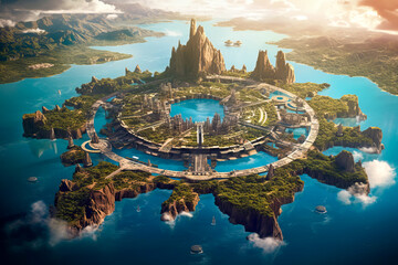Poster - Atlantis, fantasy city landscape, island civilization, circle, aerial view.