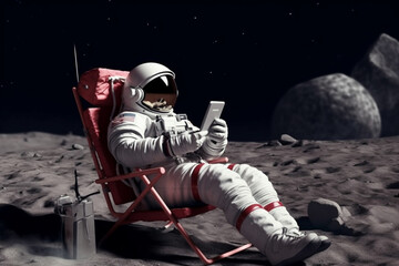 astronaut sits in a beach chair on a moon surface, holding phone in hands generative ai