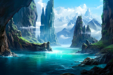 Wall Mural - Fantasy landscape, view from grotto or cave entrance, water, cliffs, mountains.