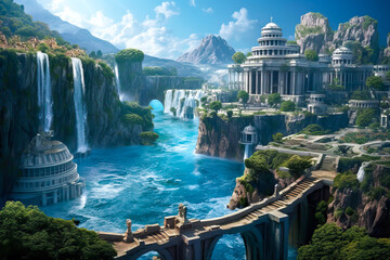 fantasy city landscape, cliffs and waterfalls, atlantis, white stone, coastal water island civilizat