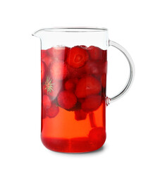 Jug of infused water with strawberry on white background