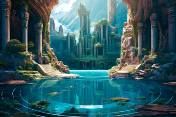 fantasy landscape, ancient stone ruins in the water, round pool, grotto, columns, atlantis, coastal 