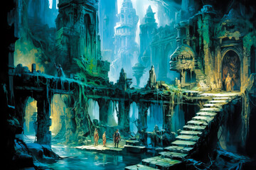 Wall Mural - Fantasy stone ruins landscape, water, wet, overgrown, old.
