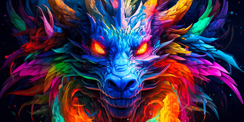 Wall Mural - Colorful dragon, neon vibrant colors, blacklight, black background, fantasy.