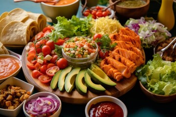 Salmon fish taco salad bar with hot pepper sauce . Generative Ai