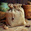 © Helen-HD - Eco bag in rustic style of burlap. Decorative packaging of linen fabric. Blurred background. Generative AI