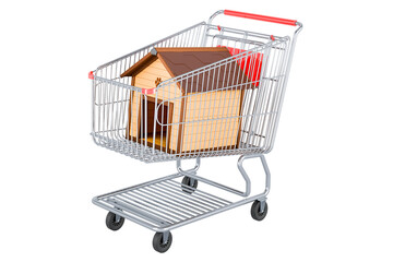 Canvas Print - Wooden doghouse inside shopping cart, 3D rendering