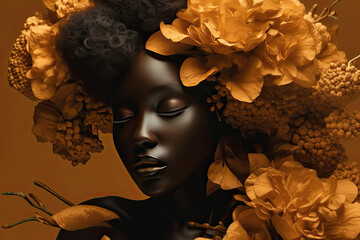 Wall Mural - a woman with orange flowers on her head and hair in the shape of a flower, surrounded by yellow leaves
