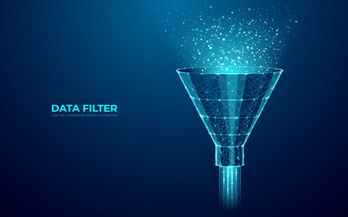 Aufkleber - Digital Funnel and Abstract Data Flow in Techno Blue Background. Marketing and Analytics Concept. Low Polygonal Filter in connected dots, lines, shapes, and polygons. Modern Vector 3D illustration.