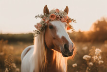 Beauty And Grace Of Majestic Horse Adorned With Delicate Flower Wreath Around Its Head. Elegance, While Wreath Symbolises Purity, Beauty And Femininity. Generative AI Technology.