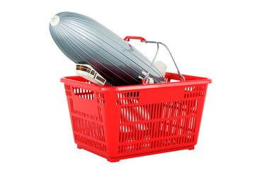 Wall Mural - Airship or dirigible balloon inside shopping basket, 3D rendering