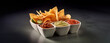 divided bowl with nacho chips and cheese salsa and guacamole dip -generative AI
