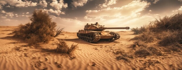 Wall Mural - armored tank crosses a sand dunes during war invasion epic war scene in the desert as wide poster design with copy space area - Generative AI