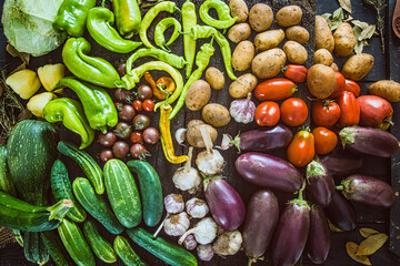 Sticker - Vegetables on wood. Organic vegetables in rustic setting. Fresh food. Healthy veggies