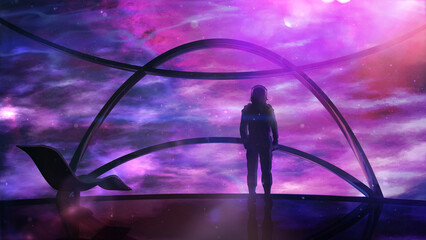 Wall Mural - silhouette of a man standing in front of a panoramic window of a spaceship. the footage can be suita