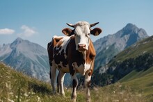 dairy cow grazes in a meadow in the mountains. Generative AI
