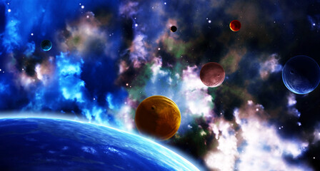 Wall Mural - a beautiful space scene with sun, planets and nebula. elements of this image furnished by nasa. 3d r