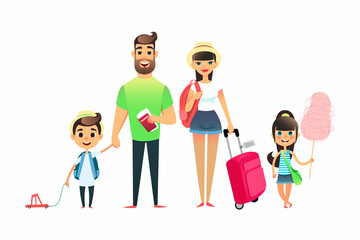 Poster - Travelling family people waiting for airplane or train. Cartoon dad, mom and child traveling together. Young cartoon couple, girl and boy go on vacation with suitcases and bags. Man holds tickets and 