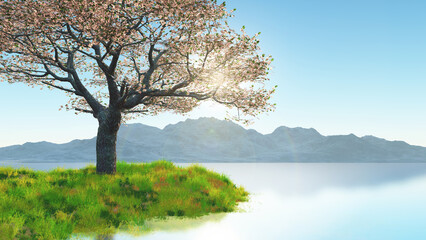 Wall Mural - 3D render of a cherry blossom tree on grassy bank against mountain landscape