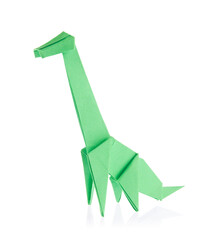 Canvas Print - Green dinosaur Brachiosaurus of origami, isolated on white background.