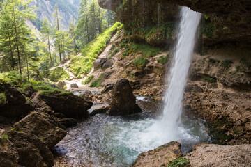 Poster - Upper Pericnik waterfall from behind at Triglav national park, Julian Alps, Slovenia.