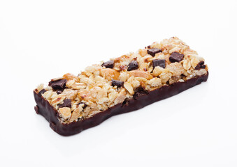 Canvas Print - Chocolate protein cereal energy bar on white background