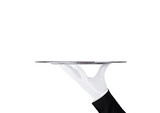 Fototapeta Panele - Servant wearing white glove holds stainless steel tray on white background