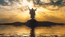 Silhouette Of Jesus Praying On A Shore With Sun Rays.