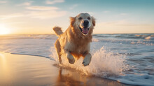 Golden Retriever Dog Running On The Beach Sunset Light Having A Fun Time, Generative AI