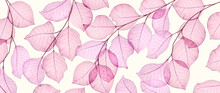 Art Background With Pink And Purple Leaves Of Flowers And Trees Hand Drawn In A Watercolor Style. Botanical Vector Banner For Decoration Design, Print, Textile, Interior, Poster, Wallpaper