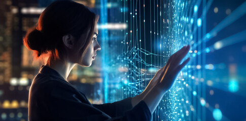 woman controls hologram technology, handling virtual 3d connection with her hand in dark digital roo