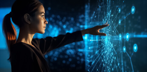 Woman controls hologram technology, handling virtual 3D connection with her hand in dark digital room. generative AI.